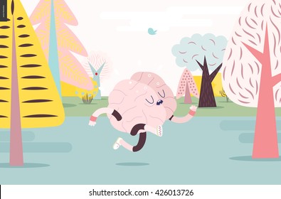 Brain running through the forest - a vector illustration of a running brain wearing sporting wear running among the trees, colorful pastel version