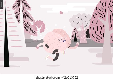 Brain running through the forest - a vector illustration of a running brain wearing sporting wear running among the trees, white and pink version