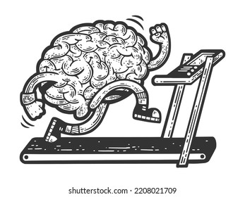 brain running training on treadmill sketch engraving vector illustration. Scratch board imitation. Black and white hand drawn image.