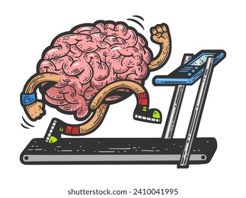 brain running training on treadmill sketch hand drawn color engraving vector illustration. Scratch board imitation. Black and white hand drawn image.