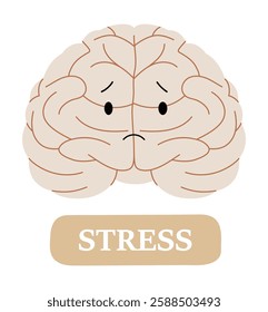 Brain With Sad Expression In Flat Vector Illustration Symbolizing Stress, Mental Health Issues, And Emotional Overload, Isolated On White Background