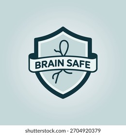 Insignia segura del cerebro, logotipo del escudo con el icono del cerebro, detalle protector de la cinta, Asistencia neurológica de la salud, conciencia de la seguridad, marca del Vector