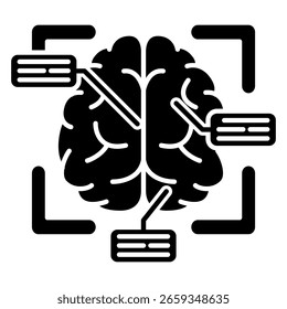 Ícone de escaneamento cerebral representado por cérebro, descrição, escanear estilo de preenchimento preto.