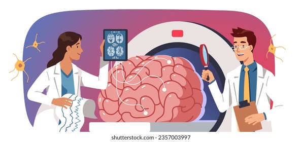 Concepto de resonancia magnética para la exploración cerebral. Médicos neurológicos examinando la actividad cerebral, las olas. Neurologista que realiza investigación de capas cerebrales de CT, diagnóstico de enfermedad o monitoreo de exámenes. Ilustración de vector de concepto