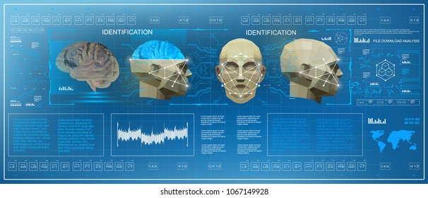 Brain scanning accurate facial recognition biometric technology, HUD medical virtual graphic touch user interface, 3D Low Poly brain scanning