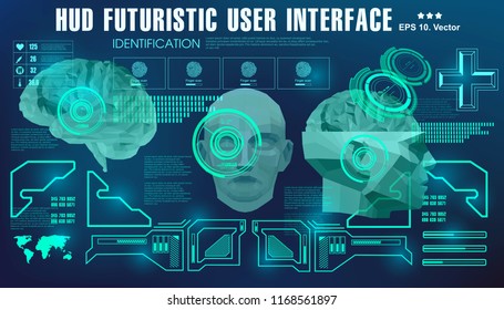 Brain scanning accurate facial recognition biometric technology. 3D Low Poly brain scanning, HUD medical virtual graphic touch user interface.