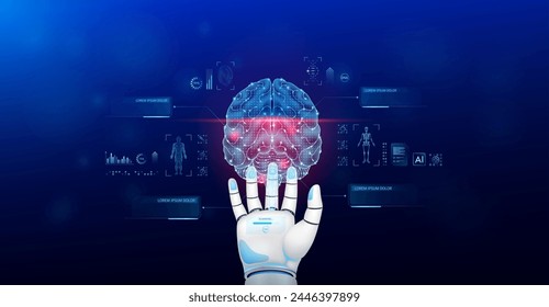 Brain scanning robot doctor diagnose disease on hand. Screen digital interface of system MRI scan of human body organ DNA analysis. Future health care innovation. Science medical technology. Vector.