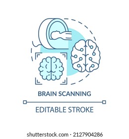 Brain Scanning Turquoise Concept Icon. Neurology Research. Diagnostic Imaging Abstract Idea Thin Line Illustration. Isolated Outline Drawing. Editable Stroke. Arial, Myriad Pro-Bold Fonts Used