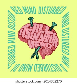 brain with screw through hand drawn illustration and custom typographic slogan