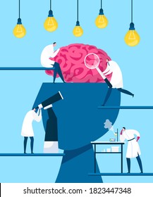 Brain searching idea, discovery vector illustration. Intelligence and creativity, innovation. Scientists discover human mind. Open head with brains and discoverers. Mental concept, memory.