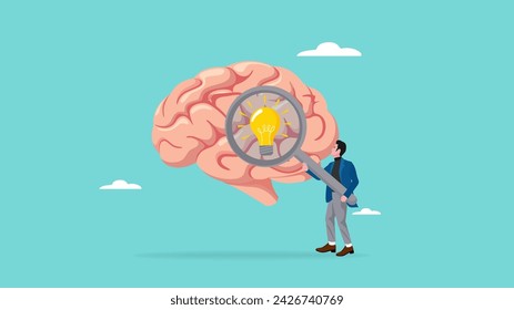 brain searching idea, looking for new business strategies or opportunities, finding solution to a problem concept, businessman looking for light bulb idea from human brain using magnifying glass