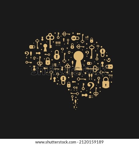 Brain secrets concept. Brain silhouette made of golden keys and locks isolated on black background.  Mind Mechanics, psychotherapy,  psychology or skills symbol.