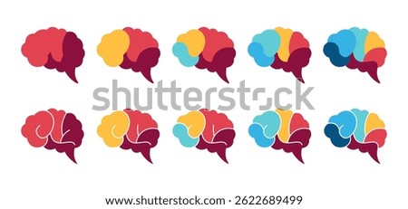 Brain segmentation. Colorful diagram infographic of brain set. Conceptual of thinking creative idea. Segmented of 2, 3, 4, 5, and 6 parts. 