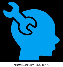Brain Service vector icon. Style is flat symbol, blue color, rounded angles, black background.
