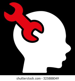 Brain Service vector icon. Style is bicolor flat symbol, red and white colors, rounded angles, black background.