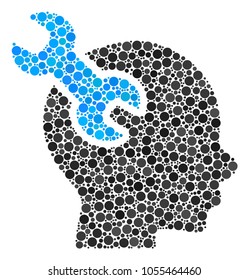 Brain Service Wrench collage of filled circles in different sizes and color shades. Filled circles are grouped into brain service wrench vector collage. Vector illustration.