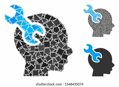 Brain service wrench composition of ragged parts in variable sizes and color tones, based on brain service wrench icon. Vector unequal parts are combined into collage.