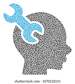 Brain Service Wrench composition of round dots in various sizes and color tinges. Dots are grouped into brain service wrench vector collage. Dotted vector design concept.