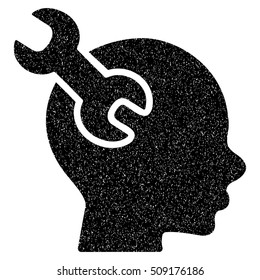 Brain Service Wrench grainy textured icon for overlay watermark stamps. Flat symbol with scratched texture. Dotted vector black ink rubber seal stamp with grunge design on a white background.