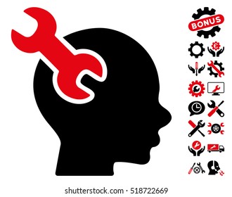 Brain Service Wrench icon with bonus settings pictograph collection. Vector illustration style is flat iconic intensive red and black symbols on white background.