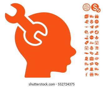 Brain Service Wrench icon with free bonus images. Vector illustration style is flat iconic symbols, orange color, white background.