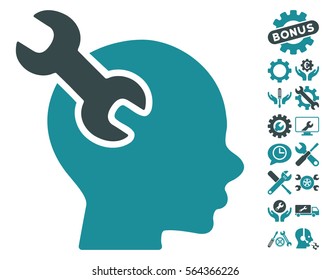 Brain Service Wrench pictograph with bonus service images. Vector illustration style is flat iconic soft blue symbols on white background.