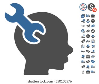Brain Service Wrench pictograph with free bonus images. Vector illustration style is flat iconic symbols, cobalt and gray colors, white background.