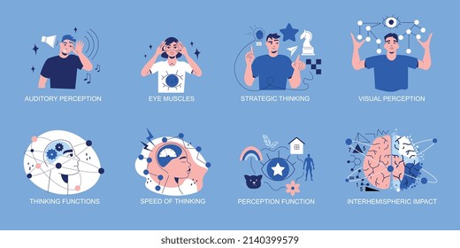 Brain set of eight isolated compositions with text captions and people surrounded by conceptual thinking icons vector illustration