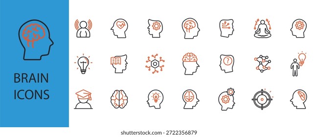 Iconos del sistema del cerebro delinean y estilo plano, fondo transparente
