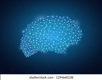 Brain shape business network, Blockchain Industrial Concept, Artificial intelligence, Technology Low Poly Design of Human Brain with Binary Digits, polygons mesh graphic, futuristic background. Vector