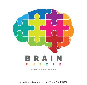 Brain shape colorful connected puzzle logo. Intellect mind combination isolated vector illustration