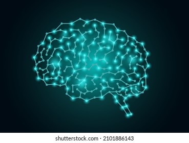 Brain shape with Electric circuit and small cell on a green technology background. Illustration about human brain cells works and Artificial Intelligence.
