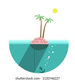 The brain is in the shape of an island in the middle of the ocean.  Vector illustration.