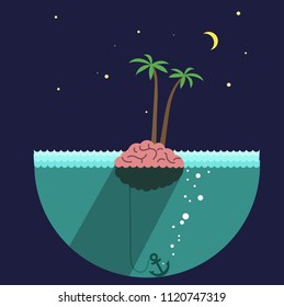 The brain is in the shape of an island in the middle of the ocean.  Vector illustration.