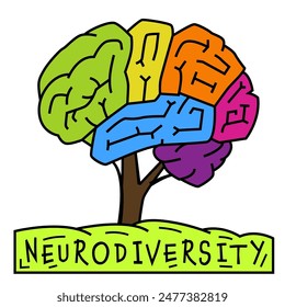 Brain in a shape of tree in a vibrant spectrum of colors. This vividness represents the diversity of human minds and experiences. Pop art editable vector illustration isolated on a white background