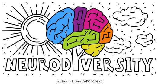 Brain in a shape of tree in a vibrant spectrum of colors. Creative lettering. Diversity of human minds and experiences. Pop art editable vector illustration isolated on a white background