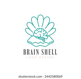 brain shell logo design template with blue light color. line style symbol for education business company isolated on white background. the concept combination between pearl shell and brain object