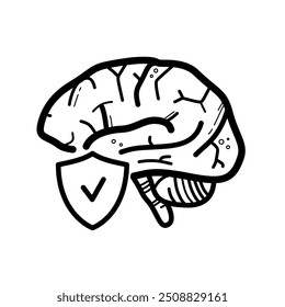 Brain with shield with check mark. Brain protection - vector icon