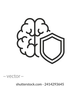 brain with shield icon, mental health protection, save mental health, thin line symbol on white background - editable stroke vector illustration eps10