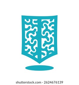 Logótipo do cérebro e do escudo com padrão abstrato de linha curva, emblema moderno para cuidados de saúde mental, ciência cognitiva, segurança neural, educação e tecnologias de proteção inteligente.