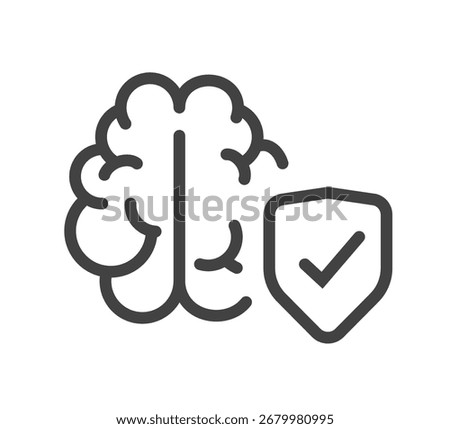 Brain shield protection icon simple line stroke outline illustration graphic, mental health care mind medical safety security safeguard defense sign symbol pictogram thin linear modern design 
