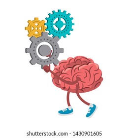 Brain with shoes holding gears pieces cartoons vector illustration graphic design