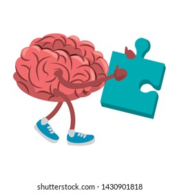 Brain with shoes holding puzzle cartoon vector illustration graphic design