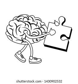 Brain with shoes holding puzzle cartoon vector illustration graphic design