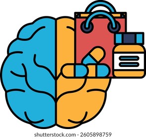 A brain with a shopping bag and a bottle of pills. The brain is blue and yellow