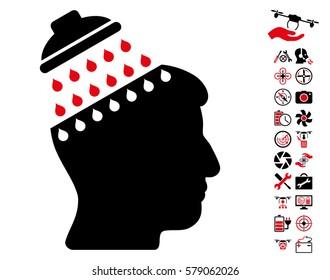 Brain Shower icon with bonus flying drone service icon set. Vector illustration style is flat iconic intensive red and black symbols on white background.