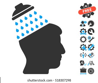 Brain Shower icon with bonus options symbols. Vector illustration style is flat iconic blue and gray symbols on white background.