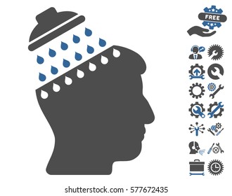 Brain Shower icon with bonus settings clip art. Vector illustration style is flat iconic cobalt and gray symbols on white background.