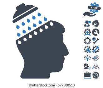 Brain Shower icon with bonus setup tools icon set. Vector illustration style is flat iconic smooth blue symbols on white background.