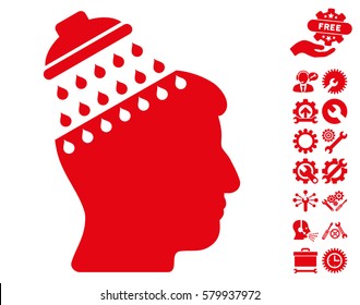 Brain Shower icon with bonus tools design elements. Vector illustration style is flat iconic red symbols on white background.